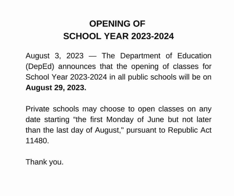 School Year 20232024 Opening Dates Announced by DepEd for Public and
