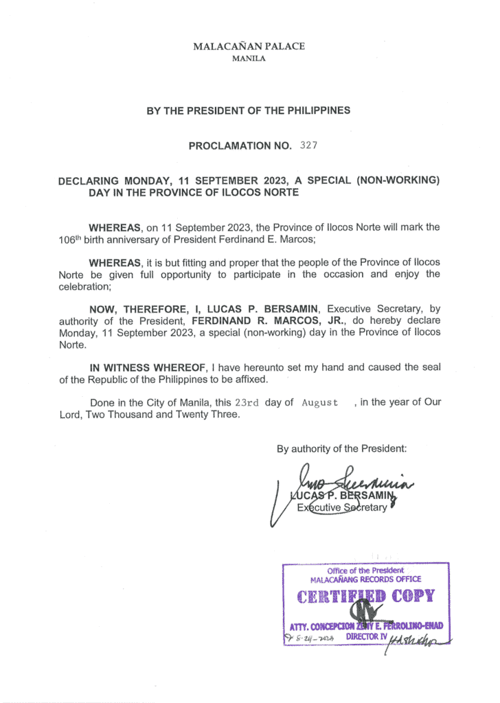 September 11 Declared a Special NonWorking Day in Ilocos Norte for